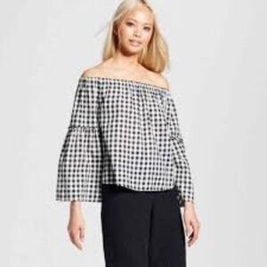 WHO WHAT WEAR BLACK WHITE GINGHAM OFF THE SHOULDER TOP 100% COTTON SIZE M